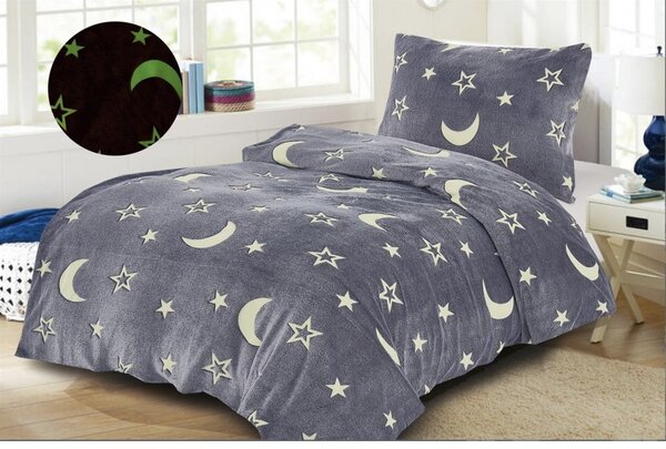 Svietiace obliečky mikroplyš BIG MOON sivé + plachta mikroplyš SOFT 90x200 cm svetlosivá