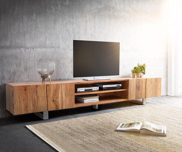 DELIFE TV stolík Live-Edge 300 cm akácia prírodná 4 dvierka 2 priehradky