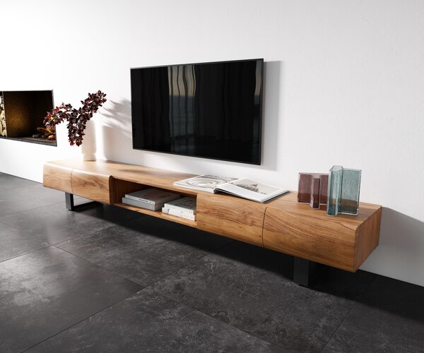 DELIFE TV stolík New Live-Edge 240 cm akácia prírodná 4 dvierka 1 priehradka kovová tenká podstava čierna