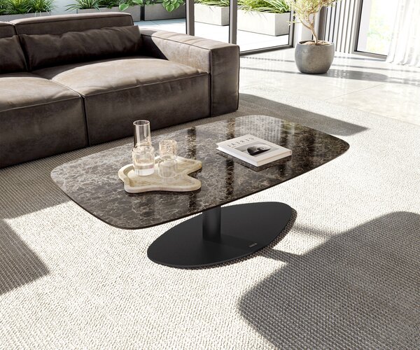 DELIFE Konferenčný stolík Edge zaoblený 120x70 cm keramika Laminam® Emperador Extra Lucidato tmavohnedá Vibany kov čierna