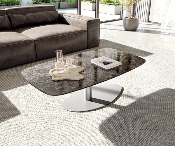 DELIFE Konferenčný stolík Edge zaoblený tvar 120x70 cm keramika Laminam® Emperador Extra Lucidato tmavohnedá Vibany nerezová oceľ kefovaná