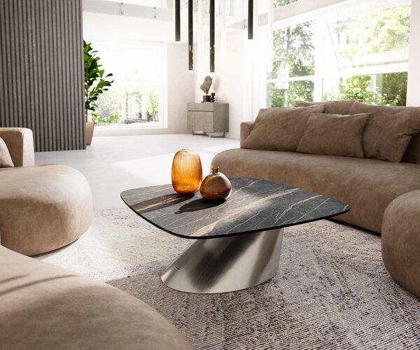 DELIFE Konferenčný stolík Edge zaoblený 90x90 cm keramika Laminam® Noir Desir hnedá konis nerezová oceľ kefovaná