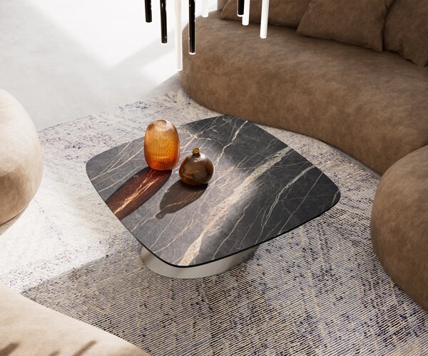 DELIFE Konferenčný stolík Edge zaoblený 90x90 cm keramika Laminam® Noir Desir hnedá konis nerezová oceľ kefovaná