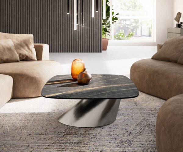 DELIFE Konferenčný stolík Edge zaoblený 90x90 cm keramika Laminam® Noir Desir hnedá konis nerezová oceľ kefovaná