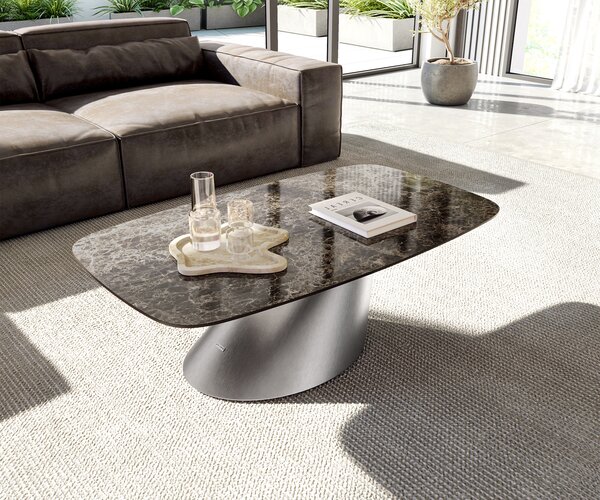 DELIFE Konferenčný stolík Edge zaoblený 120x70 cm keramika Laminam® Emperador Extra Lucidato tmavohnedá konická nerezová oceľ kefovaná