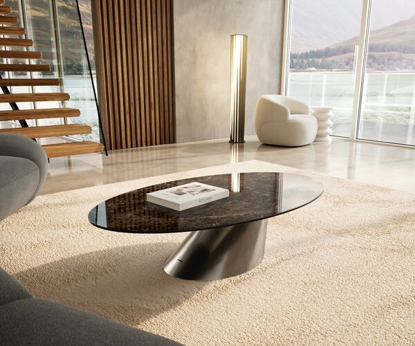 DELIFE Konferenčný stolík Edge oválny 140x80 cm keramika Laminam® Emperador Extra Lucidato tmavohnedá Conis nerezová oceľ kefovaná