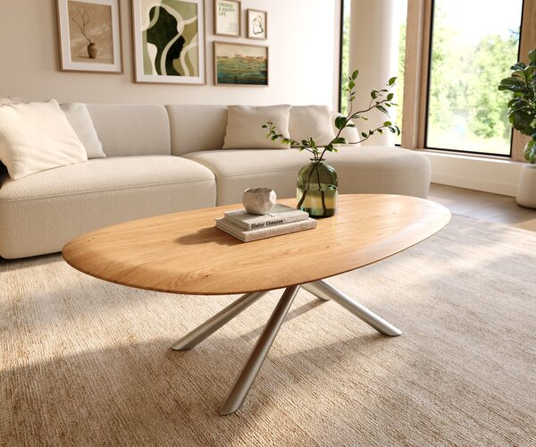 DELIFE Konferenčný stolík Edge oválny 140x75 cm dub prírodný okrúhla hrana Sarity nerezová oceľ kefovaná