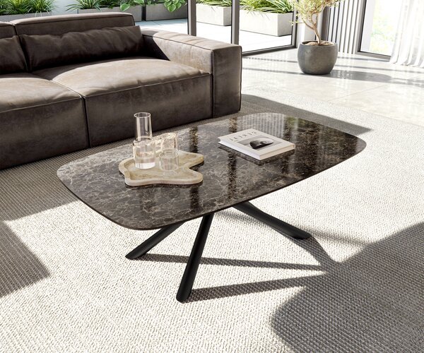 DELIFE Konferenčný stolík Edge zaoblený 120x70 cm keramika Laminam® Emperador Extra Lucidato tmavohnedá Sarity kov čierna