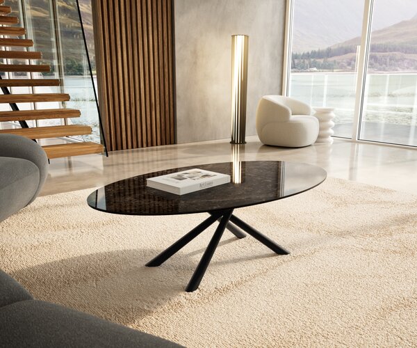DELIFE Konferenčný stolík Edge oválny 140x80 cm keramika Laminam® Emperador Extra Lucidato tmavohnedá Sarity kov čierna