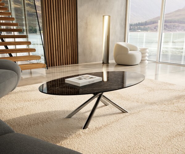 DELIFE Konferenčný stolík Edge oválny 140x80 cm keramika Laminam® Emperador Extra Lucidato tmavohnedá Sarity nerezová oceľ kefovaná