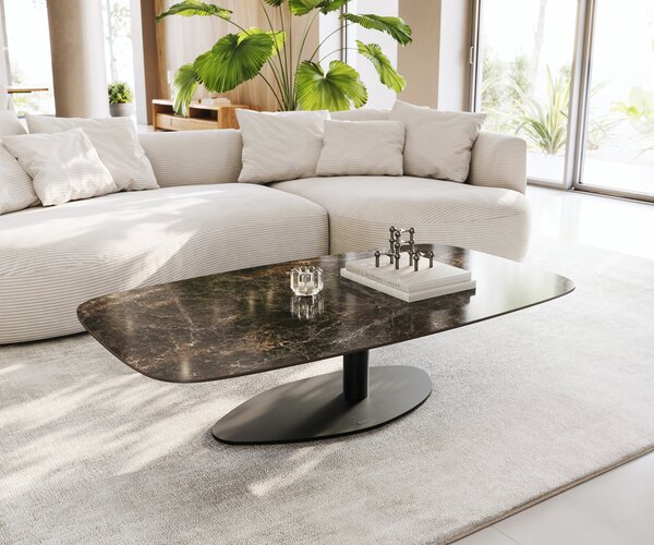 DELIFE Konferenčný stolík Edge zaoblený 140x80 cm keramika Laminam® Emperador Extra Lucidato tmavohnedá Vibany kov čierna