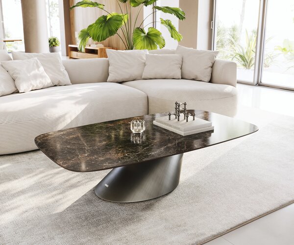 DELIFE Konferenčný stolík Edge zaoblený 140x80 cm keramika Laminam® Emperador Extra Lucidato tmavohnedá Conis metalická strieborná