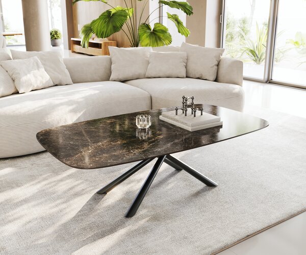 DELIFE Konferenčný stolík Edge zaoblený 140x80 cm keramika Laminam® Emperador Extra Lucidato tmavohnedá Sarity kov čierna