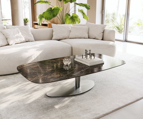 DELIFE Konferenčný stolík Edge zaoblený 140x80 cm keramika Laminam® Emperador Extra Lucidato tmavohnedá Vibany nerezová oceľ kefovaná