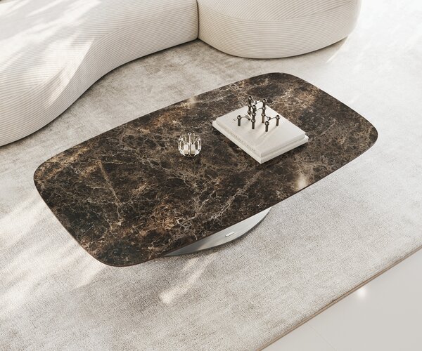 DELIFE Konferenčný stolík Edge zaoblený 140x80 cm keramika Laminam® Emperador Extra Lucidato tmavohnedá Vibany nerezová oceľ kefovaná