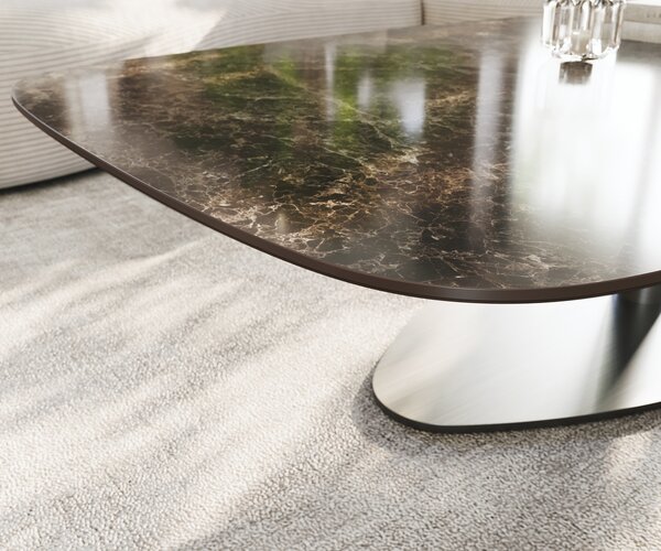 DELIFE Konferenčný stolík Edge zaoblený 140x80 cm keramika Laminam® Emperador Extra Lucidato tmavohnedá Vibany nerezová oceľ kefovaná