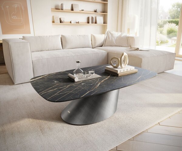 DELIFE Konferenčný stolík Edge zaoblený 120x70 cm keramika Laminam® Noir Desir hnedá Conis metalická strieborná