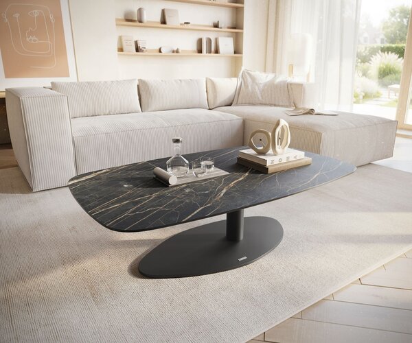 DELIFE Konferenčný stolík Edge zaoblený 120x70 cm keramika Laminam® Noir Desir hnedá Vibany kov čierna