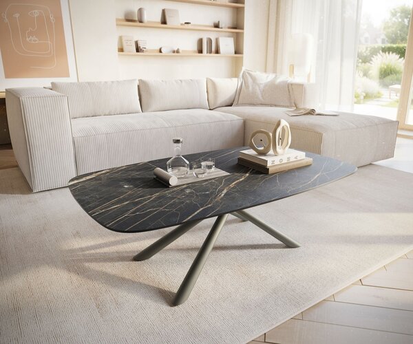 DELIFE Konferenčný stolík Edge zaoblený 120x70 cm keramika Laminam® Noir Desir hnedá Sarity kov efektový povrch titánová