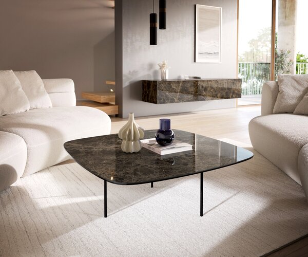 DELIFE Konferenčný stolík Edge zaoblený 90x90 cm keramika Laminam® Emperador Extra Lucidato tmavohnedá Trive kov čierna