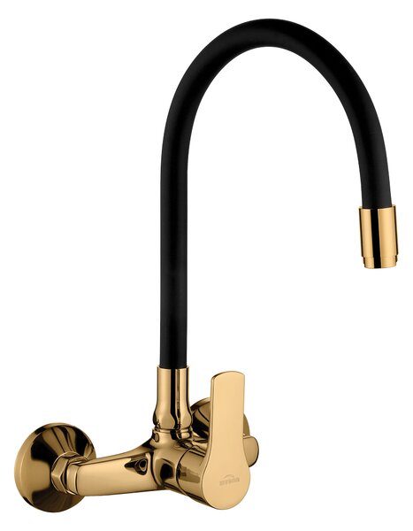 Invena Verso, nástenná kuchynská batéria 150mm s elastickým ramenom, čierna matná-zlatá lesklá, INV-BC-82-E49-L
