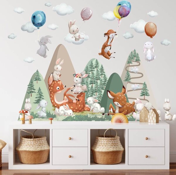 INSPIO-textilná prelepiteľná nálepka - Nálepky na stenu pre deti - Kopce so srnkami a zajačikmi