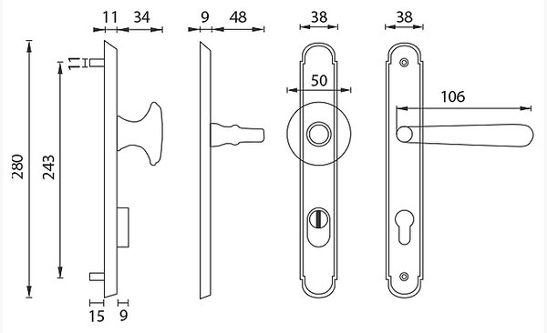 Spevnené kovanie MP NI - ALT WIEN PLUS (OBMP - Staromosadz matný lak), kľučka-kľučka, Otvor na cylindrickú vložku PZ, MP OBMP - Staromosaz matný lak, 90 mm