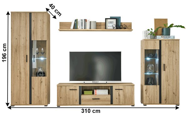 NovýNábytok.sk Obývacia stena Kardun (dub artisan + čierna) (s LED osvetlením). Vlastná spoľahlivá doprava až k Vám domov. 1034184