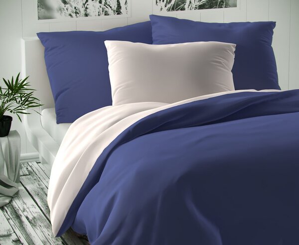 Kvalitex Saténové francúzske predĺžené obliečky LUXURY COLLECTION biele / tmavo modré 240x220, 70x90cm