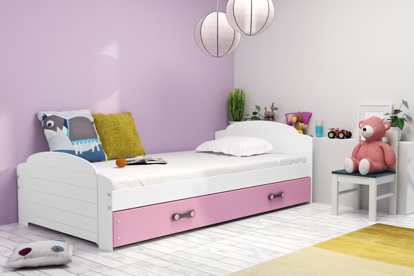 Interbeds Jednolôžková posteľ Lili2 biela pre teenagerov 200x90 s matracom a šuplíkom - ružová