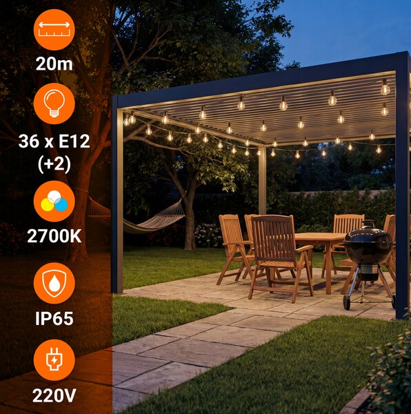 Smart LED Záhradná svetelná girlanda 20m/36x/LED žiarovka E12