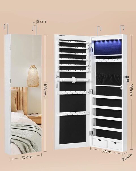 SONGMICS Závesná šperkovnica so zrkadlom 120 cm biela