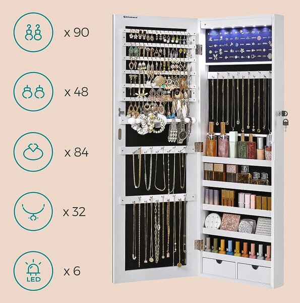 SONGMICS Závesná šperkovnica so zrkadlom 120 cm biela