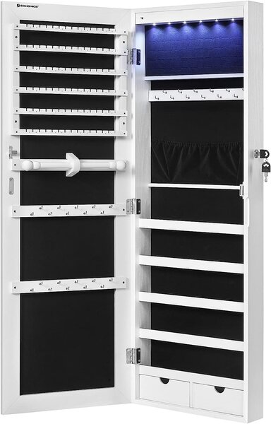 SONGMICS Závesná šperkovnica so zrkadlom 120 cm biela