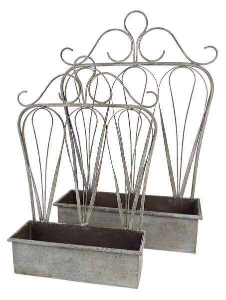 2ks sivý antik kovový kvetináč s okrasou - 49 * 15 * 70 cm / 38 * 12 * 55 cm - Clayre & Eef