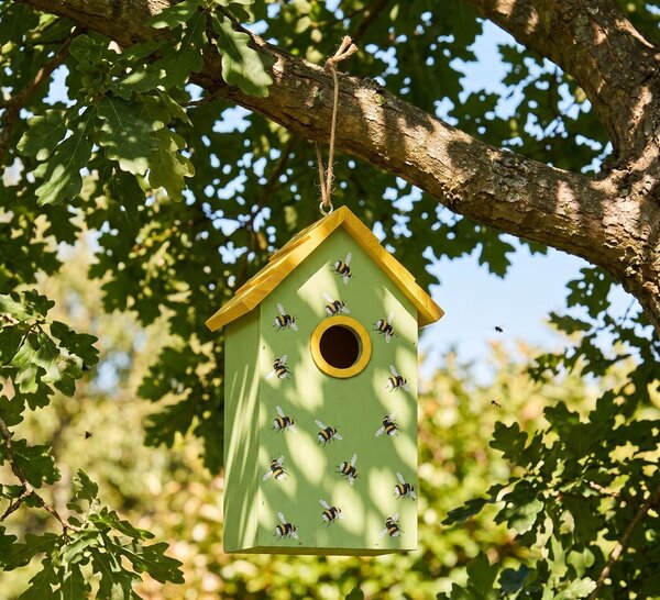 Zeleno-žltá drevená vtáčia búdka so včielkami Birdhouse - 15*10*22 cm - Clayre & Eef