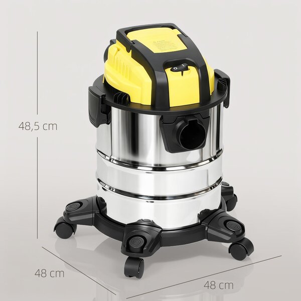 HOMCOM 3-v-1 mokro-suchý vysávač 1200 W s 20-litrovou nádobou z nehrdzavejúcej ocele