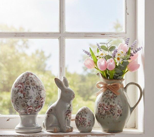 Šedý dekoračný keramický džbán s kvetmi Floria M - 21*16*24 cm - Clayre & Eef