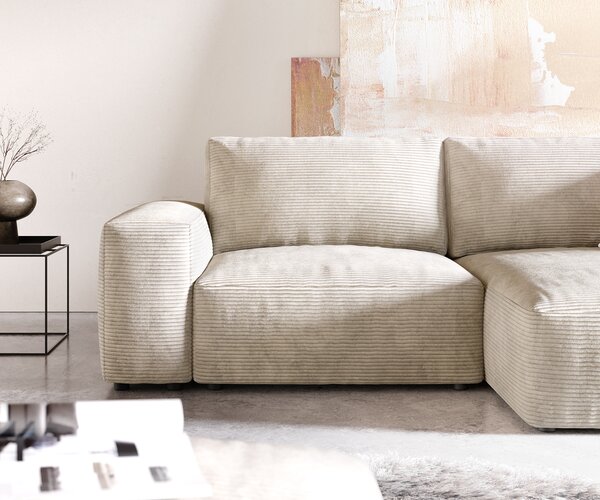 DELIFE Rohová pohovka Lanzo 230x155 cm manšester béžová variabilné ležadlo s taburetom