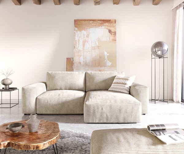 DELIFE Rohová pohovka Lanzo 230x155 cm manšester béžová variabilné ležadlo s taburetom