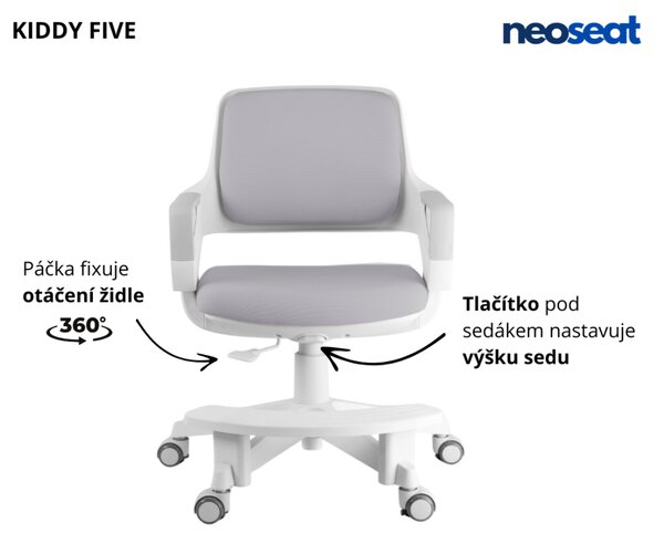 Detská rastúca stolička Neoseat KIDDY FIVE — látka, prateľný poťah, sivá
