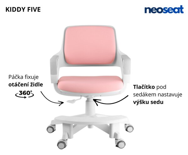 Detská rastúca stolička Neoseat KIDDY FIVE — látka, prateľný poťah, ružová