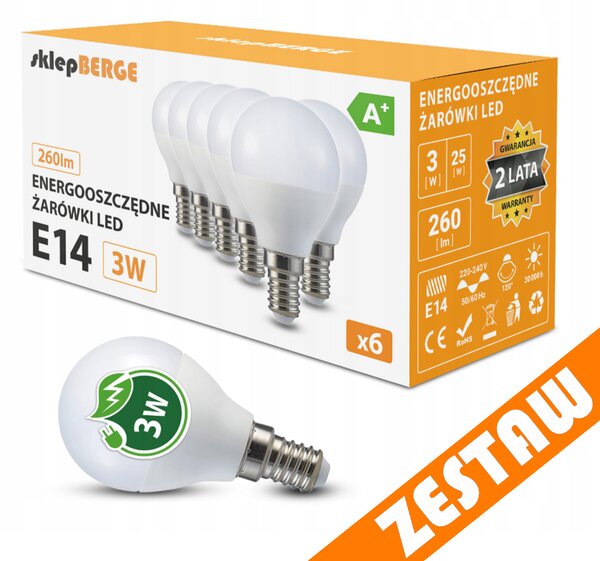 SADA 6x LED žiarovka E14 G45 3W guľová 270lm - studená biela