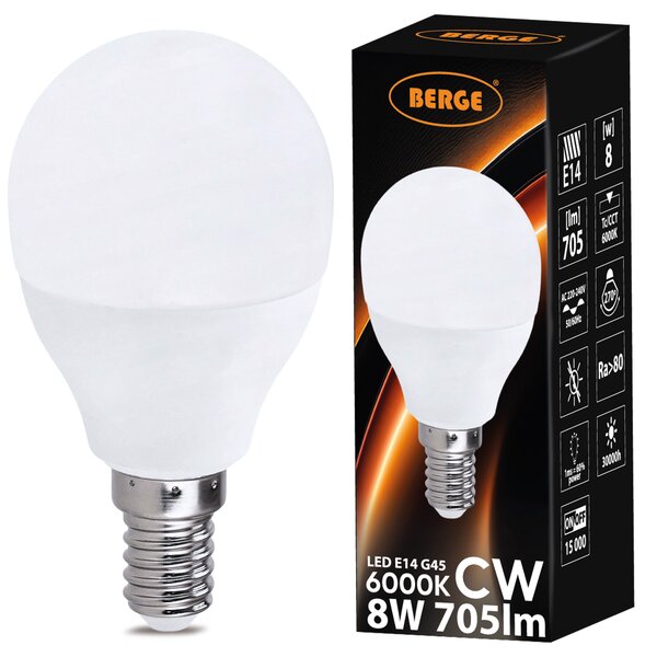 SADA 6x LED žiarovka G45 E14 8W 705lm - studená biela