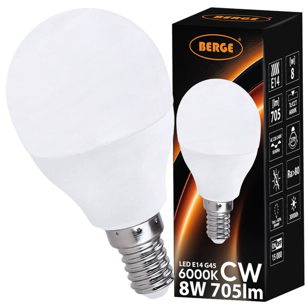SADA 6x LED žiarovka G45 E14 8W 705lm - studená biela