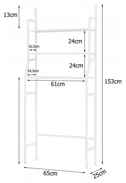 VERK GROUP Kúpeľňový regál nad práčku s 3 policami, biely, 153 x 65 x 25 cm