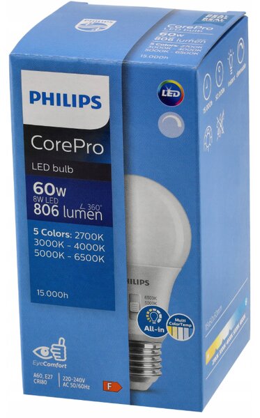 6x stmievateľná LED žiarovka E27 8W 806lm 5CCT CorePro 2700K - 6500K