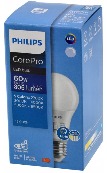3x stmievateľná LED žiarovka E27 8W 806lm 5CCT CorePro 2700K - 6500K