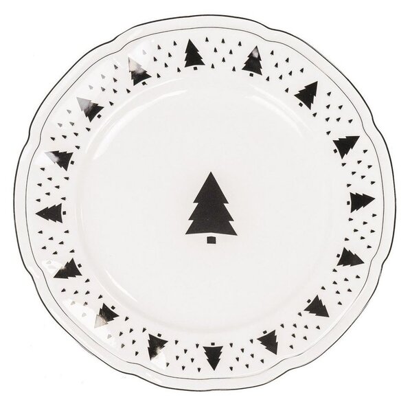 Bielo-čierny porcelánový jedálenský tanier so stromčekmi X-Mas Tree - Ø 26*1,5 cm - Housevitamin