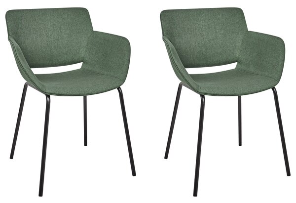 Sada 2 jedálenských stoličiek zelená čalúnené sedadlo polyester kovové nohy s opierkami moderný štýl kuchyňa jedáleň